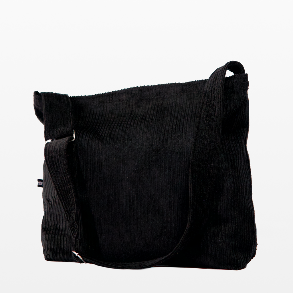 BIRGER black corduroy sling bag, angled front view