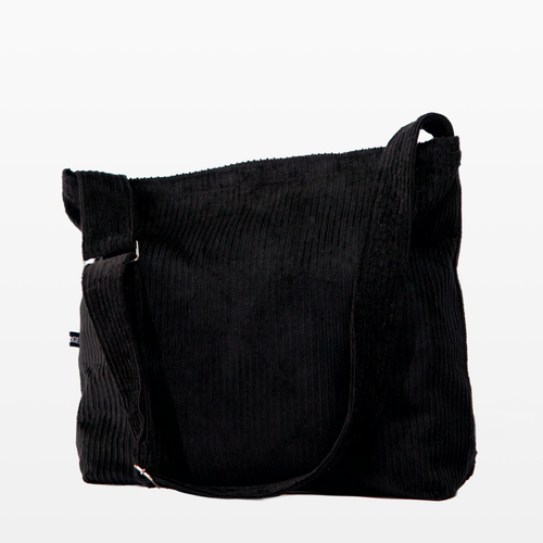 BIRGER black corduroy sling bag, angled front view