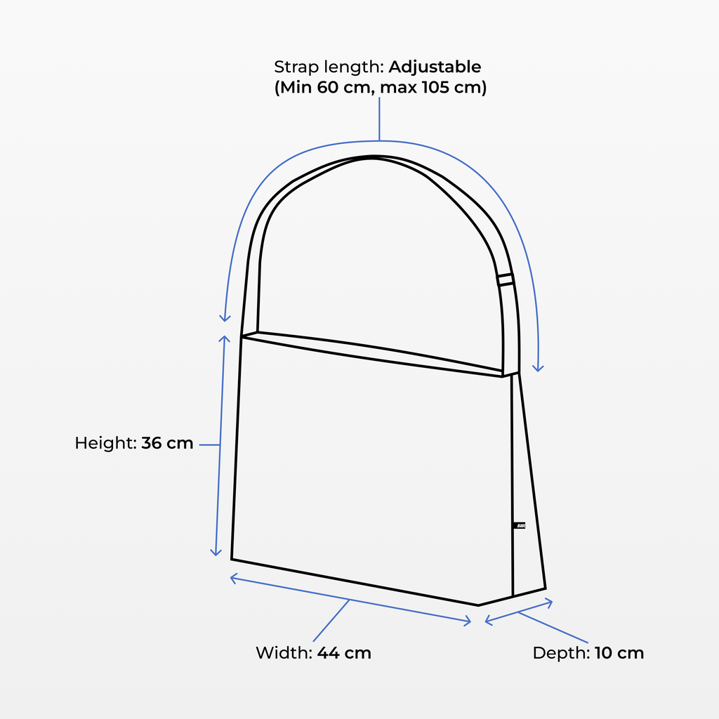Diagram showing BIRGER sling bag dimensions: height 36 cm, width 44 cm, depth 10 cm, adjustable strap 60–105 cm