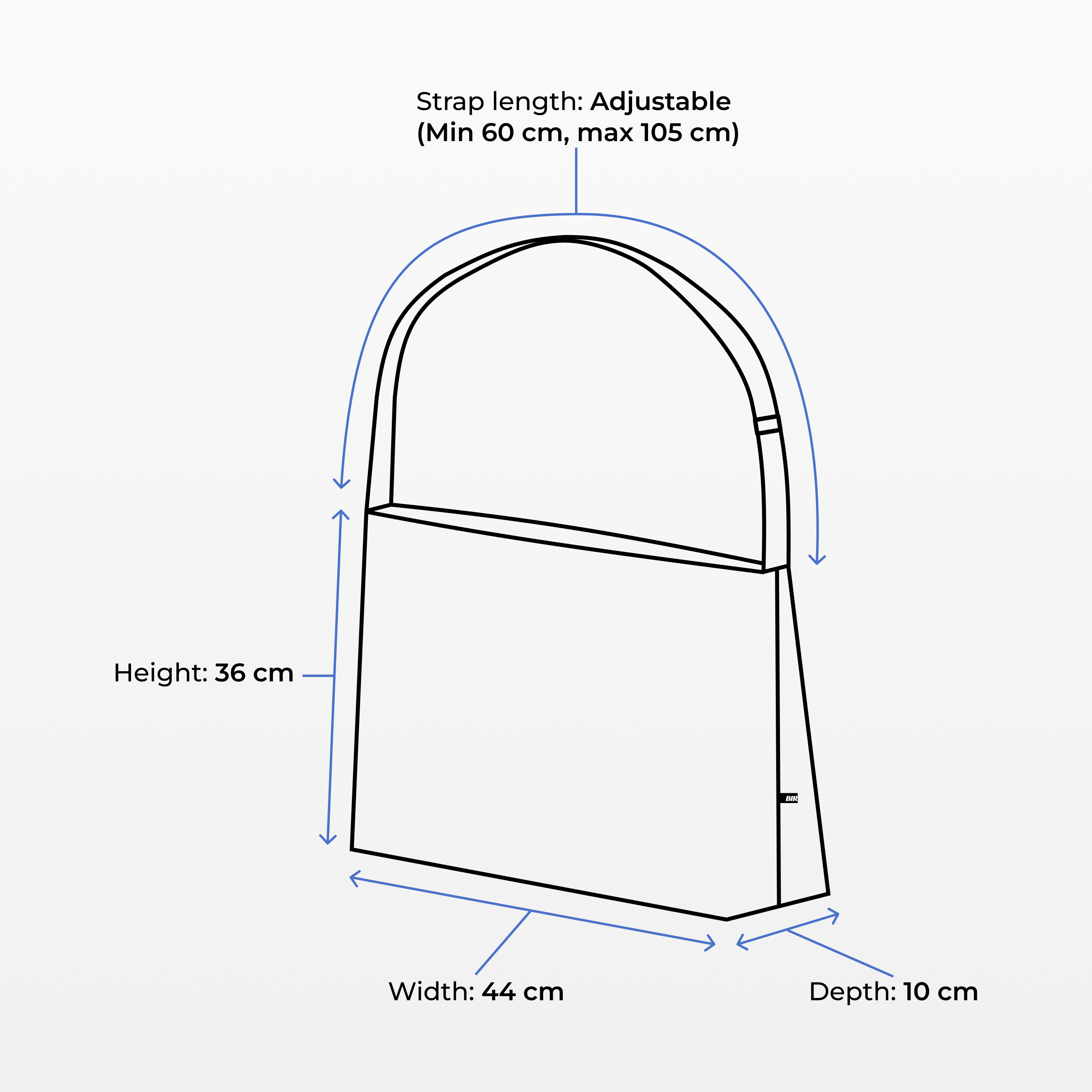 Diagram showing BIRGER sling bag dimensions: height 36 cm, width 44 cm, depth 10 cm, adjustable strap 60–105 cm